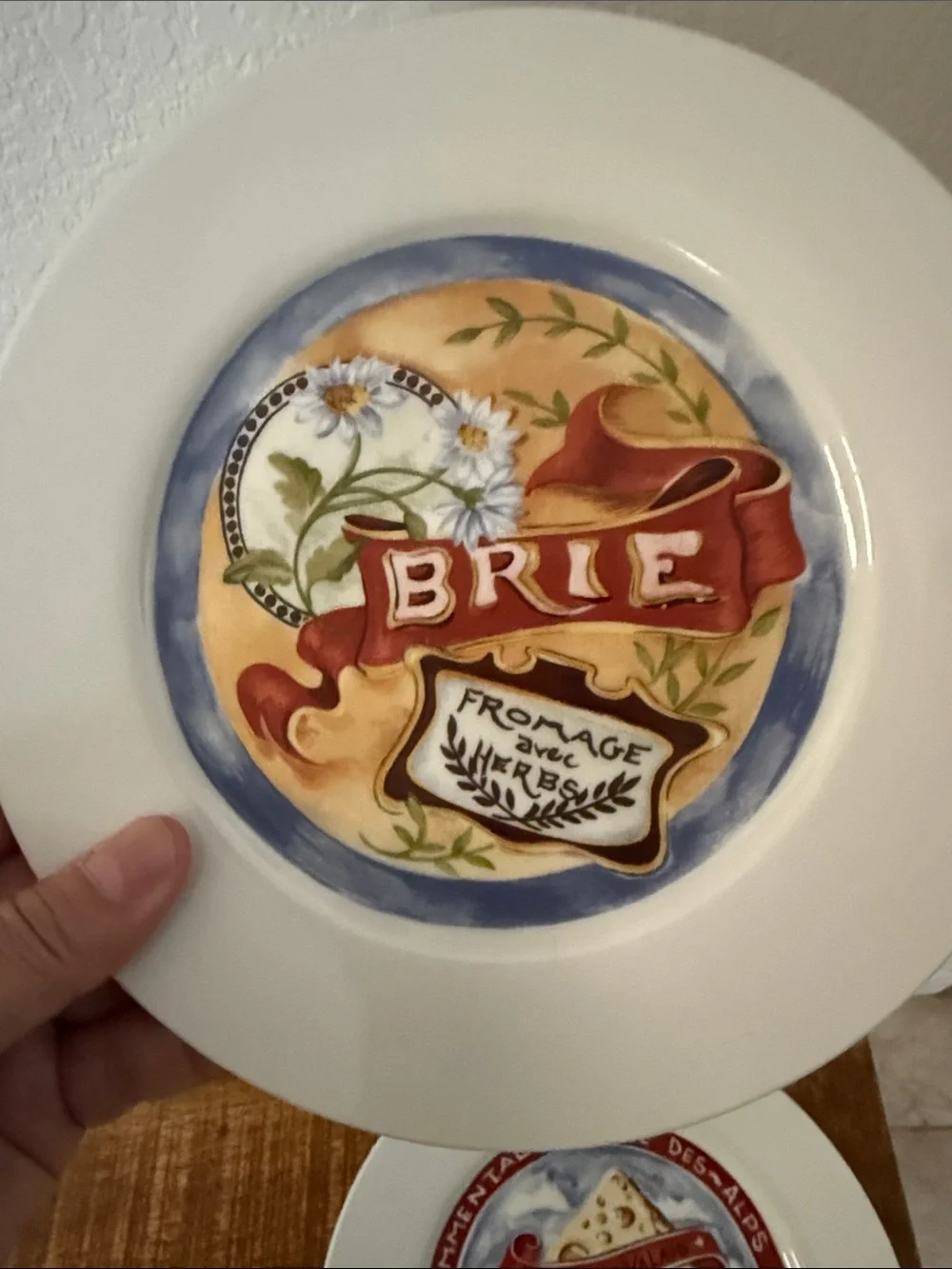 White Ceramic Cheese-Themed bread Plate duo- Red & Blue Accents